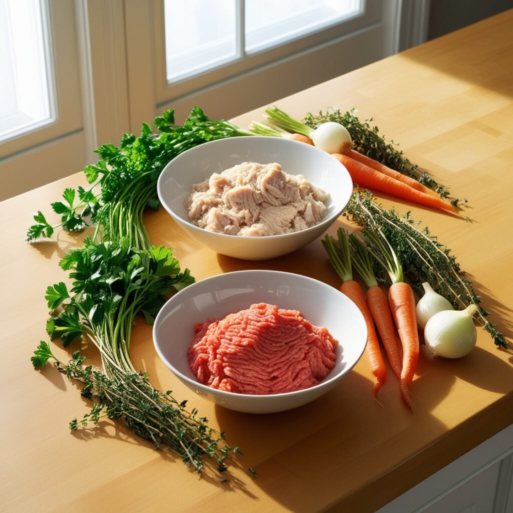 Comparison of ground chicken and ground turkey on a kitchen counter