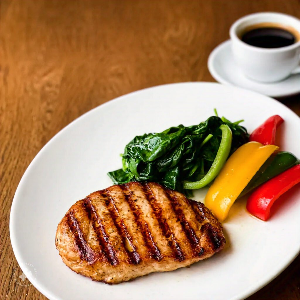 Plate of grilled chicken with vegetables for breakfast.