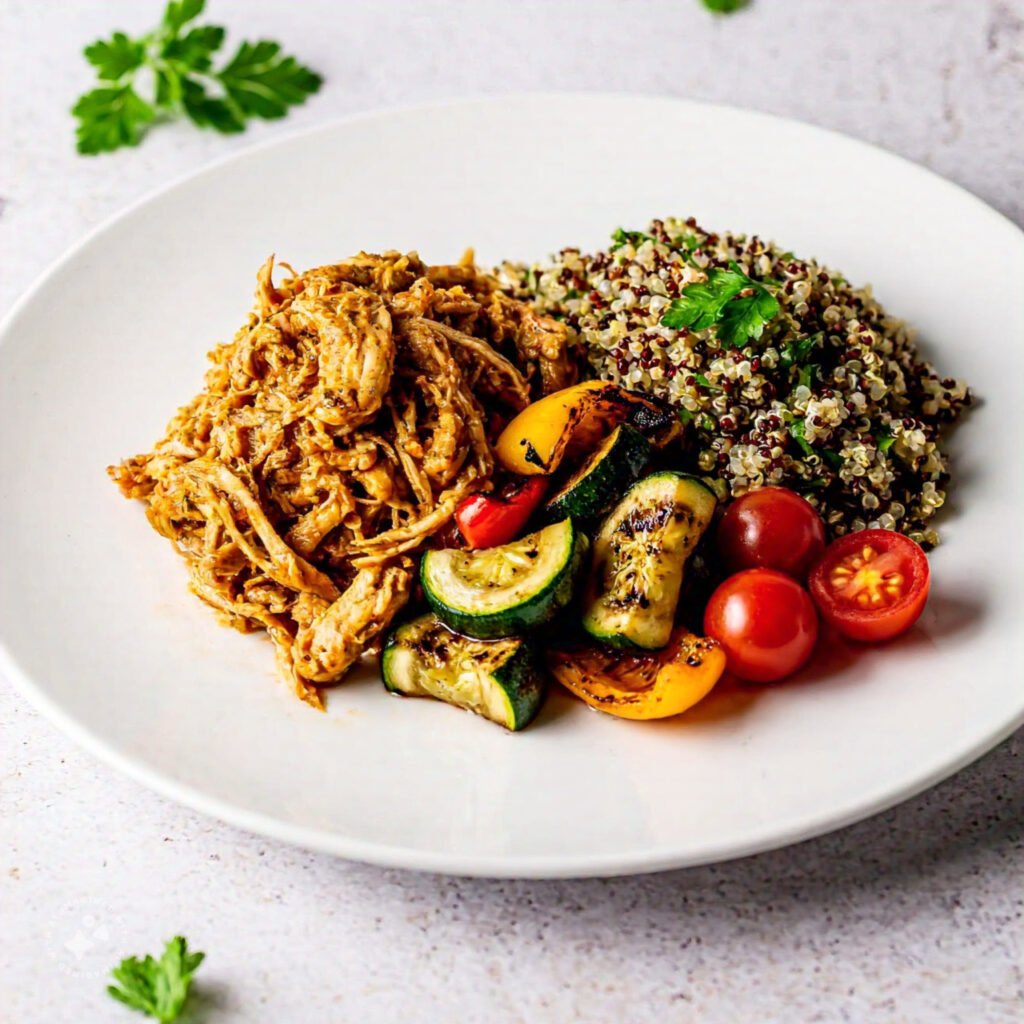 Grilled vegetables and a quinoa salad alongside pulled chicken on a white plate