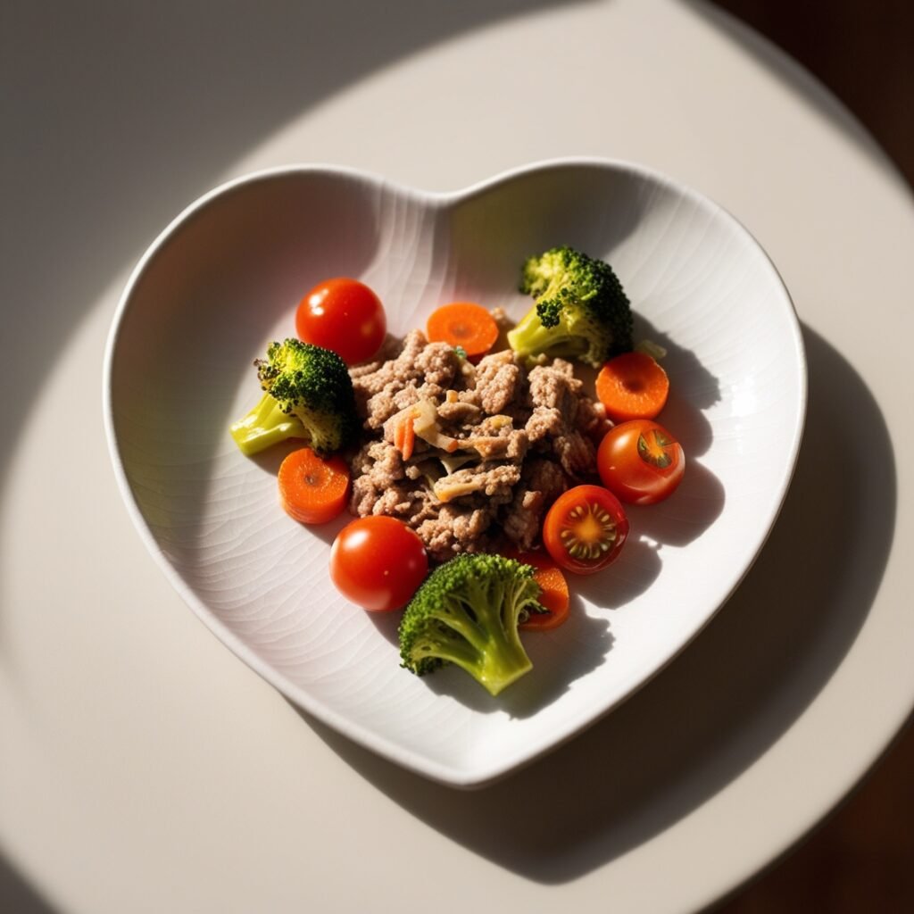 A heart-shaped plate filled with lean ground turkey and vegetables.