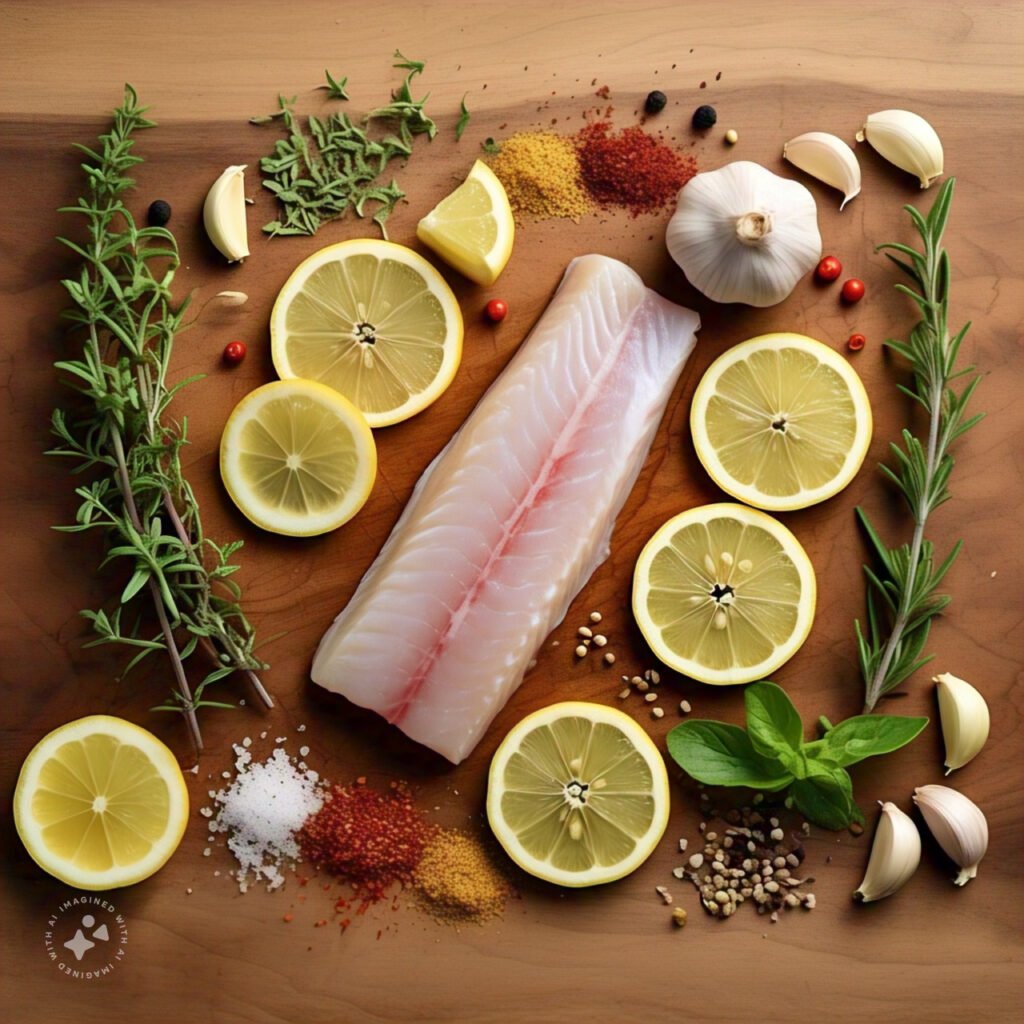 A fillet of fish surrounded by fresh herbs, lemon slices, and colorful spices.