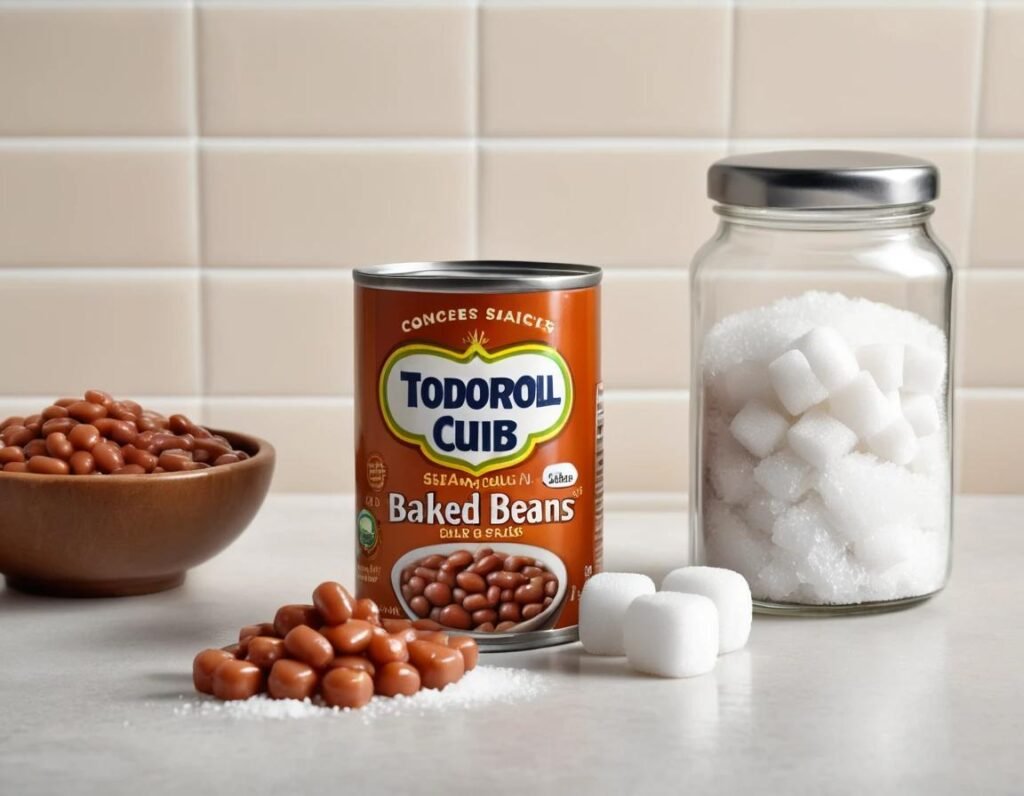 A can of baked beans with sugar and salt cubes beside it.