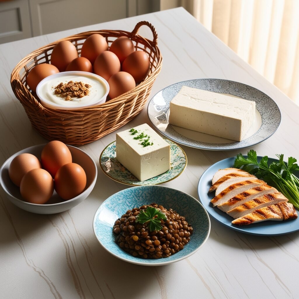 A variety of high-protein foods, including eggs, tofu, Greek yogurt, and lentils.