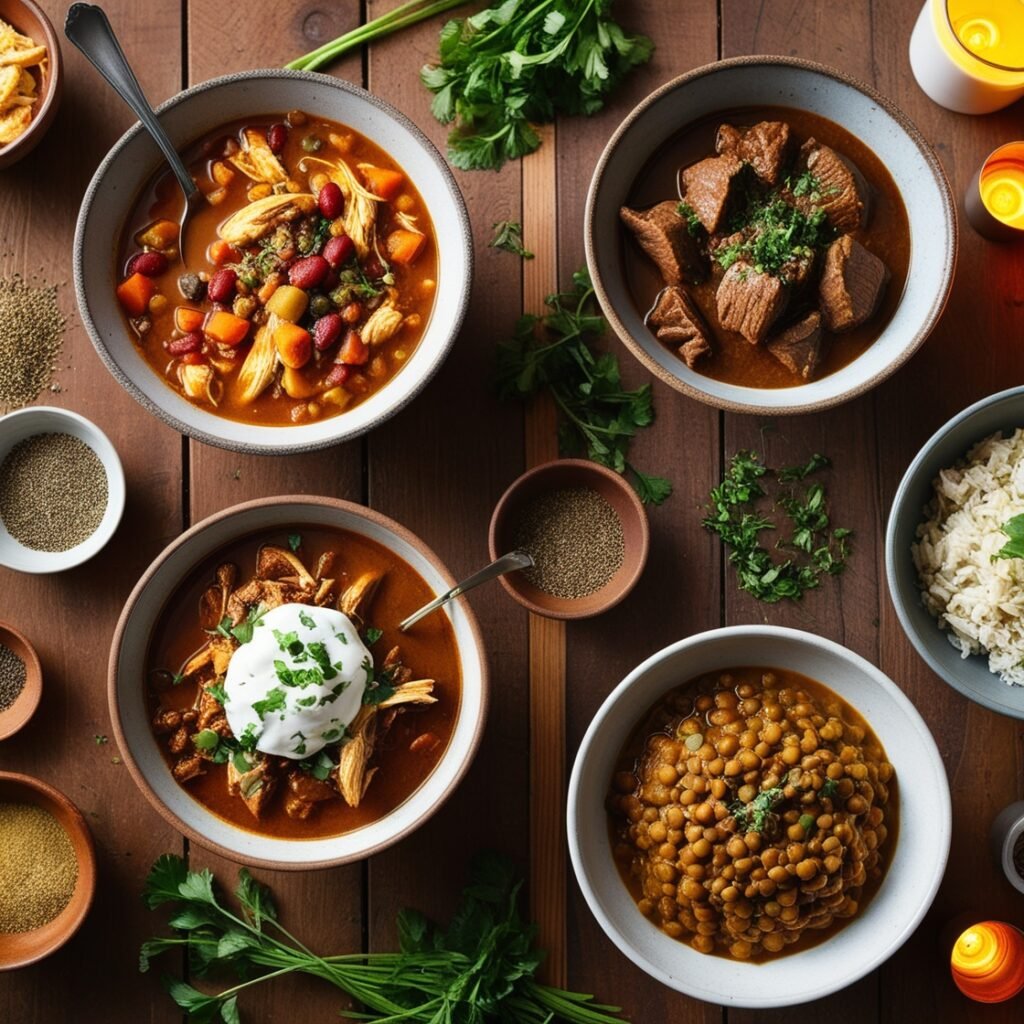 Delicious high-protein slow cooker meals served in bowls on a wooden table.