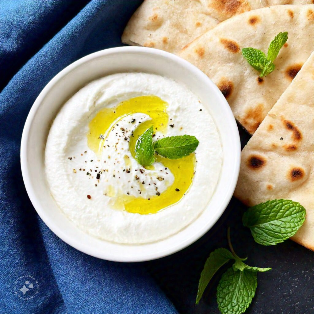 A bowl of creamy homemade labneh garnished with olive oil, za’atar, and a sprig of mint, served with fresh pita bread