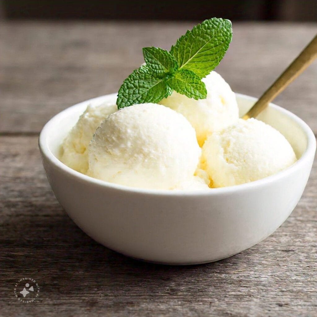 A bowl of homemade vanilla ice cream with a sprig of mint