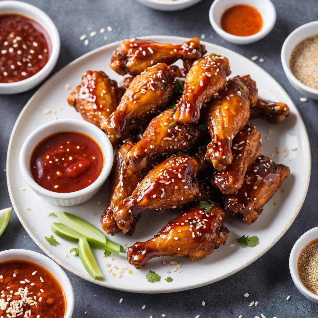 Chicken wings glazed with honey and chili flakes on a serving dish.