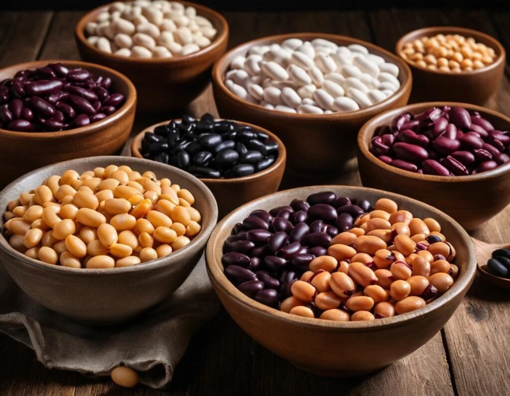 A colorful variety of beans in bowls on a wooden table.