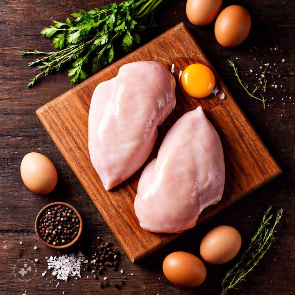 Raw chicken and eggs on a cutting board