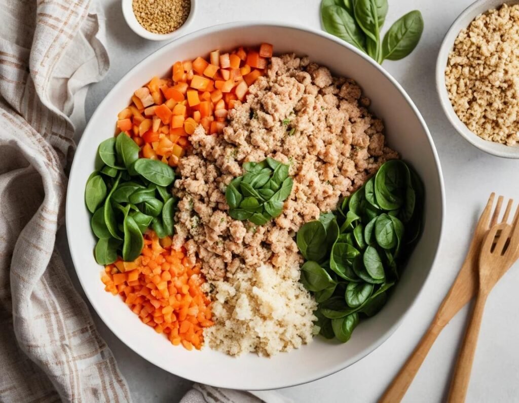 Healthy ground chicken burger ingredients laid out on a kitchen counter.