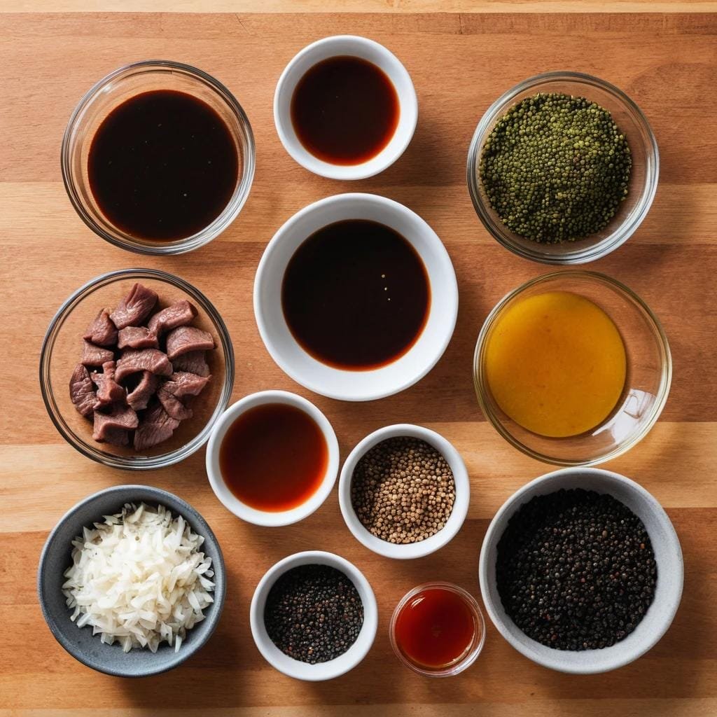 Ingredients for making pepper steak sauce including soy sauce, black pepper, garlic, and beef broth.