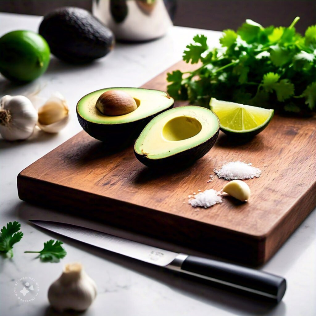 Fresh avocado, lime, salt, garlic, and herbs displayed on a cutting board