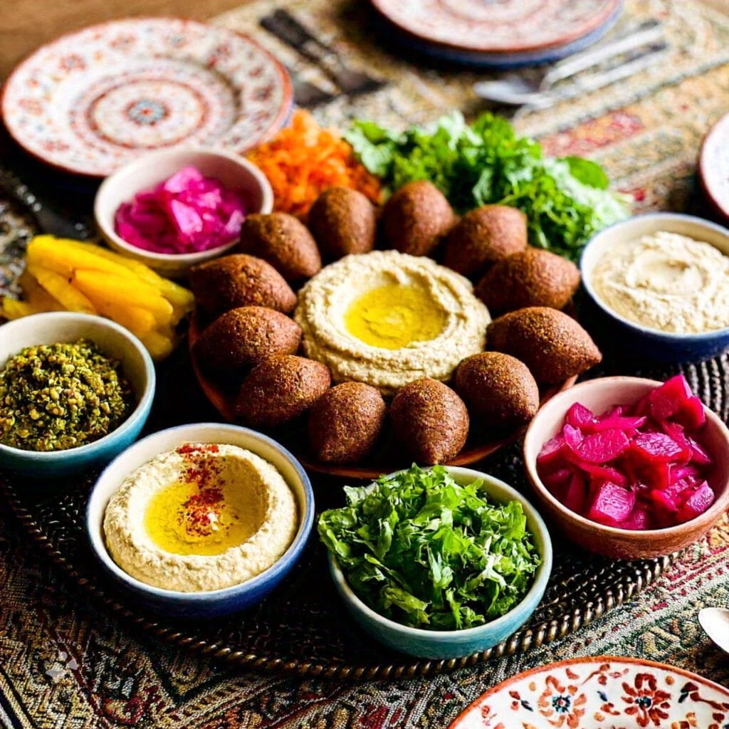 A table spread featuring kibbeh, falafel, hummus, baba ghanoush, and pickled vegetables.