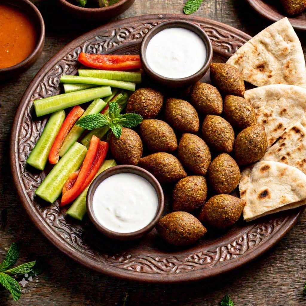 A platter with golden kibbeh and falafel served with yogurt, tahini sauce, and fresh vegetables.