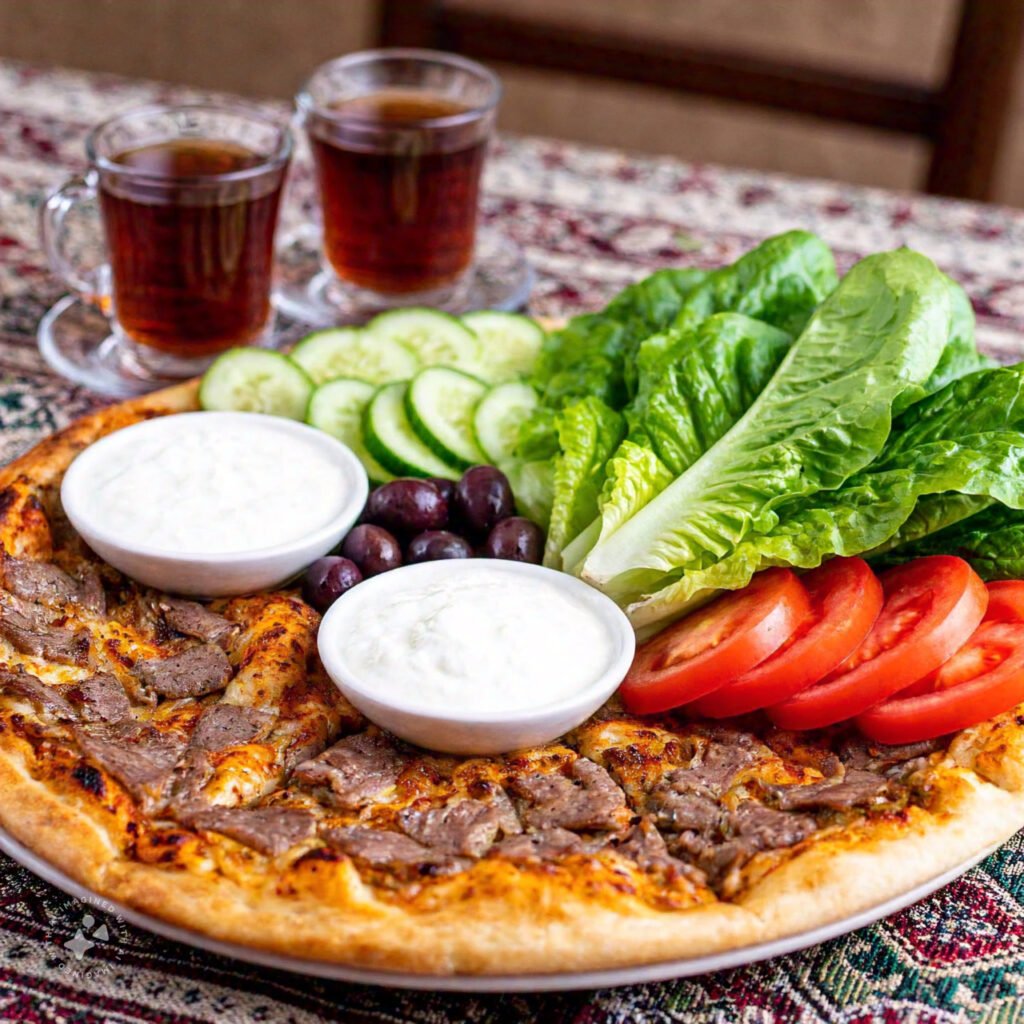 A vibrant Lebanese breakfast spread featuring manakish, labneh, fresh vegetables, and olives on a traditional table setup.