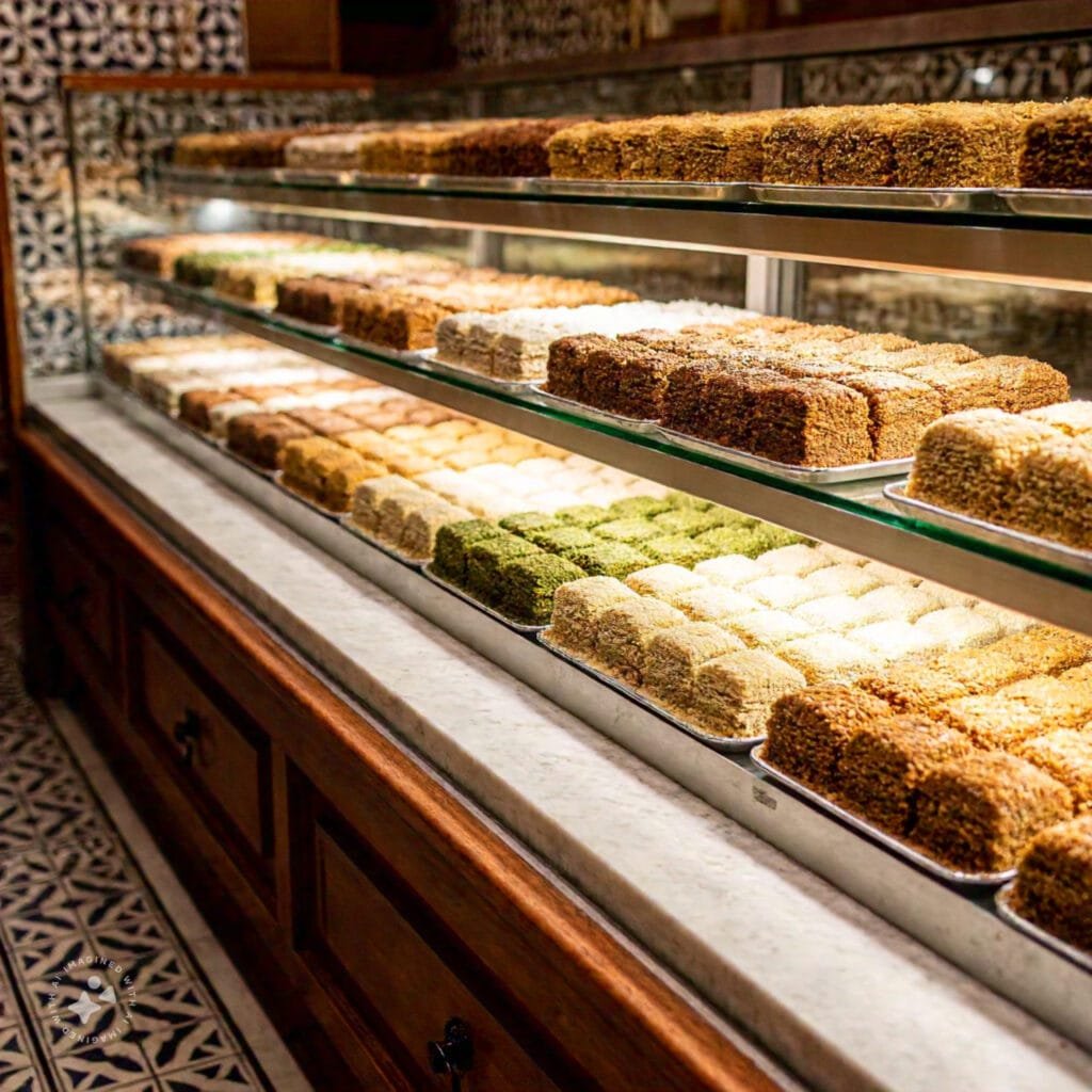 A Lebanese bakery with desserts on display.