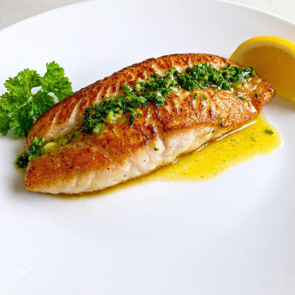 A close-up of grilled fish fillet topped with creamy lemon butter sauce and garnished with parsley.