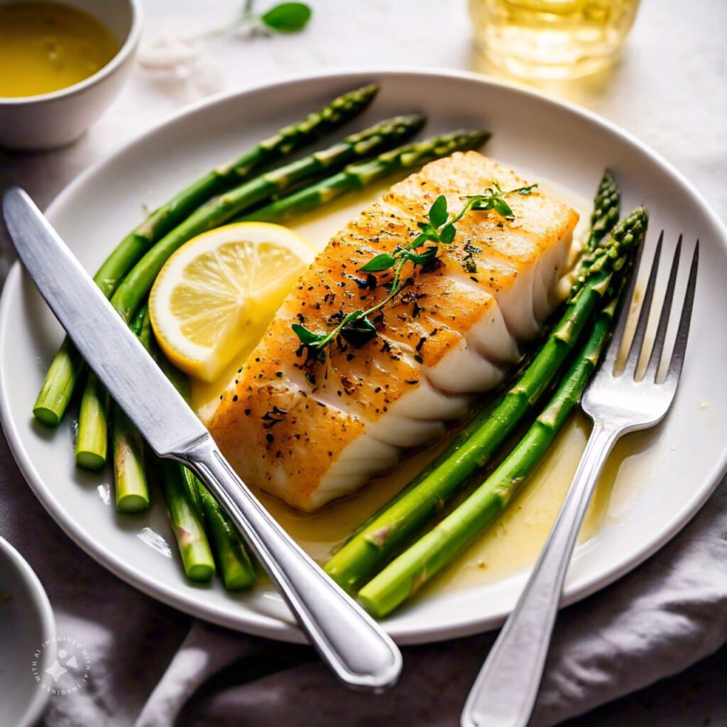 Lemon herb rockfish fillet plated with steamed asparagus