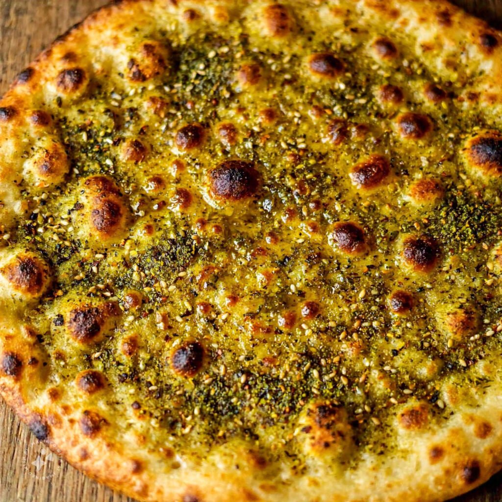 Freshly baked manakish topped with za’atar and olive oil on a rustic wooden surface.