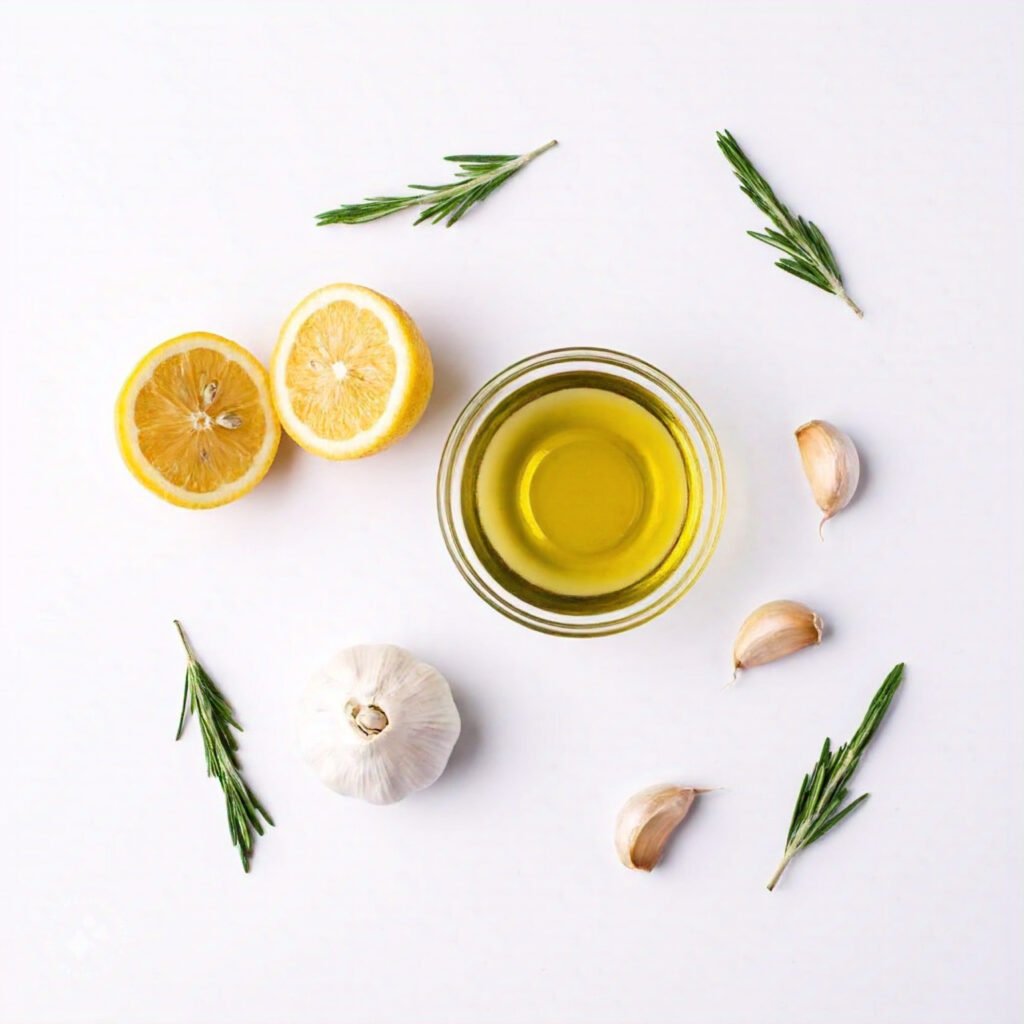 Flat lay of marinade ingredients like lemon, garlic, olive oil, and rosemary