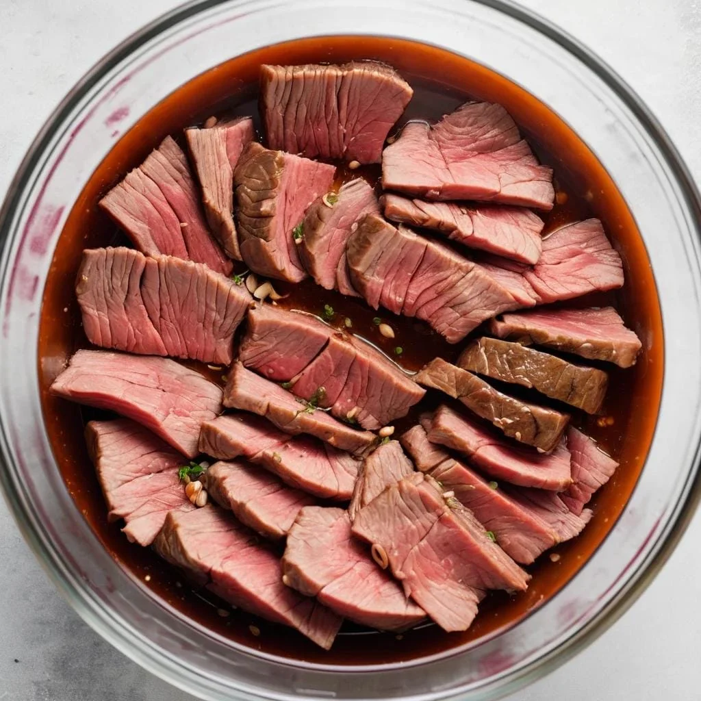 Marinated steak slices in a glass bowl.