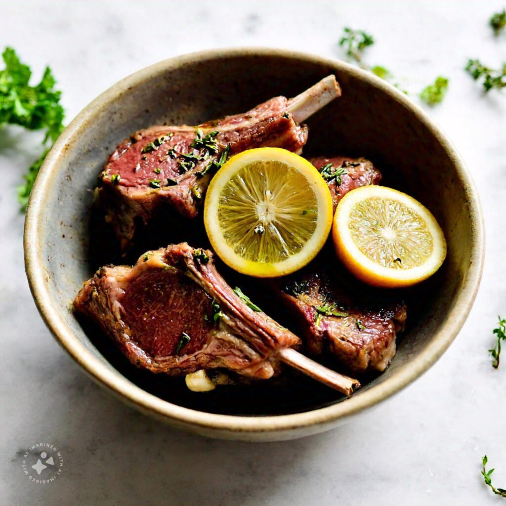 A bowl of marinated lamb chops with herbs and garlic