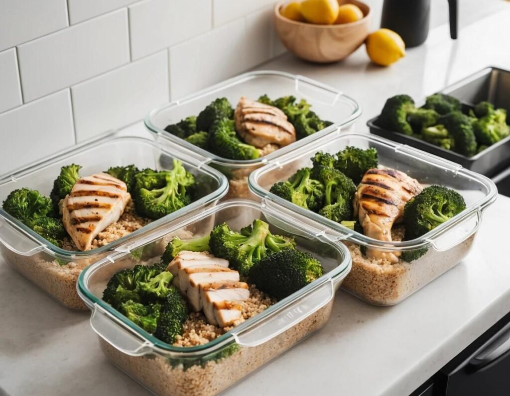 A meal prep setup with grilled chicken and steamed vegetables in containers.