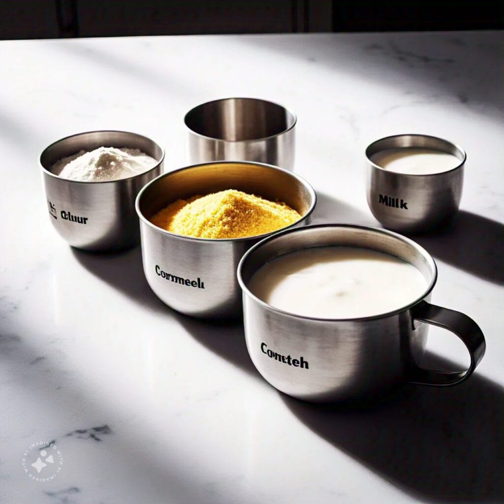 Measuring cups with flour, cornmeal, and milk