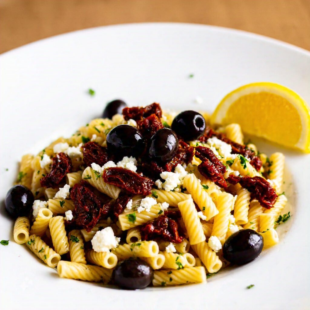 A colorful Mediterranean-inspired ditalini pasta salad with olives, feta cheese, and sun-dried tomatoes.