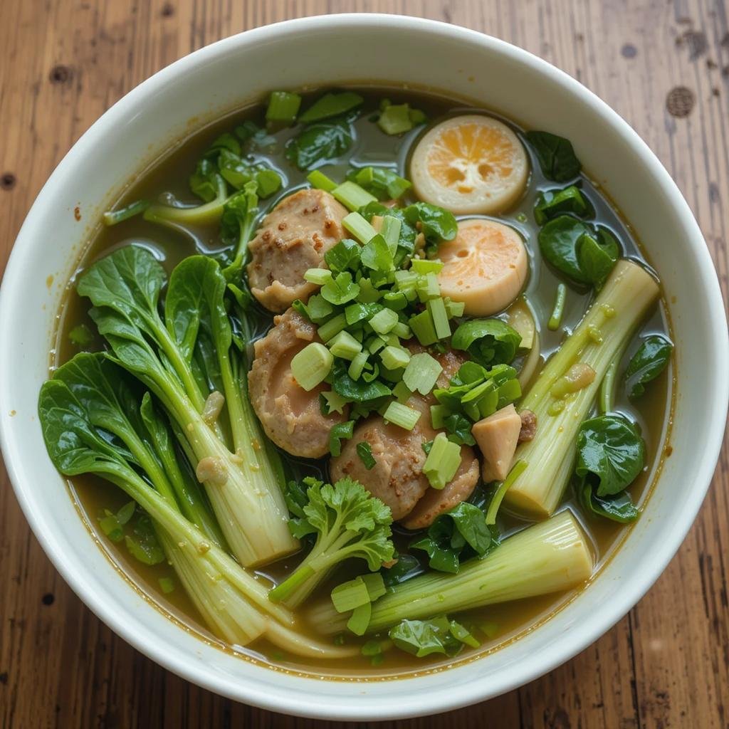 A colorful bowl of Sinigang with a mix of bok choy, watercress, and spinach in a tangy broth.