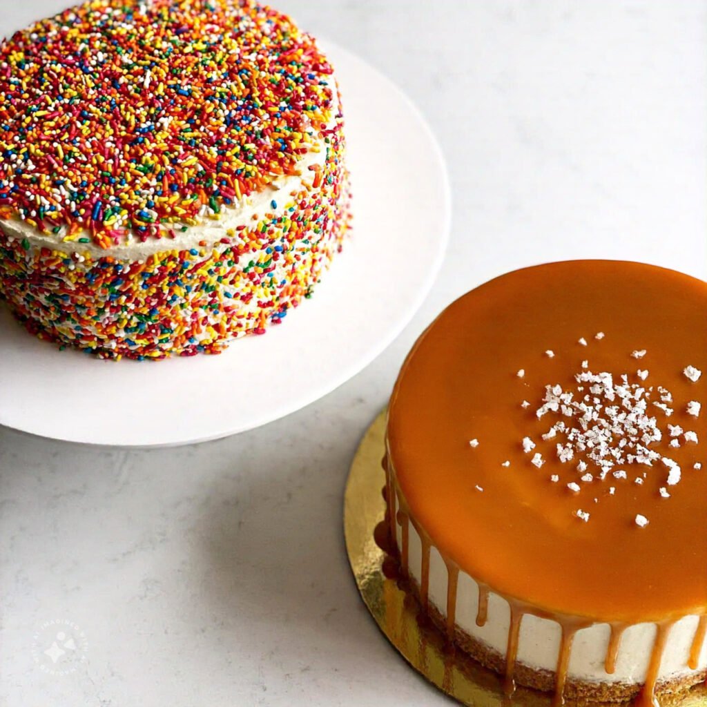 Funfetti and salted caramel cakes with decorative toppings