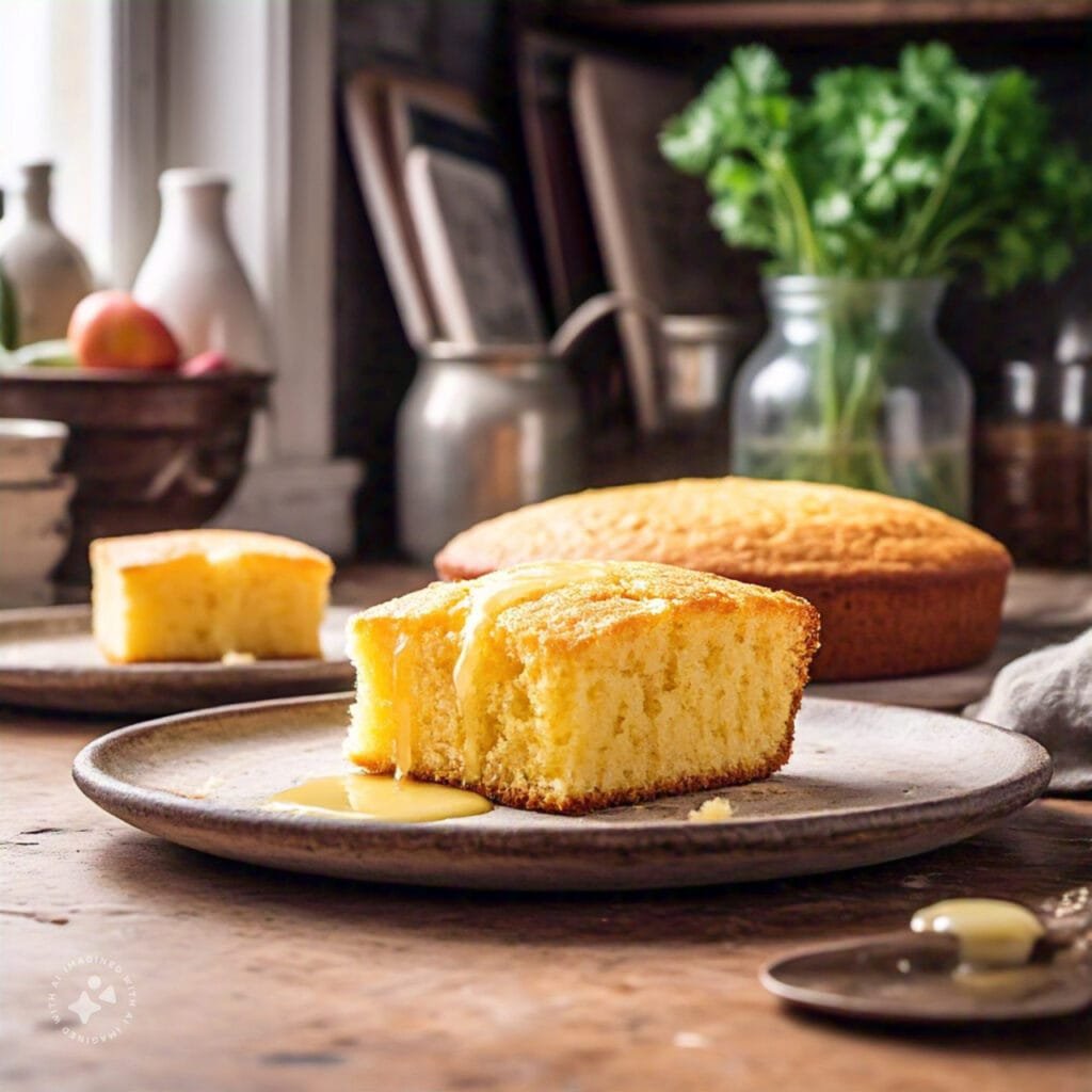 A slice of moist cornbread on a rustic plate, glistening with melted butter.