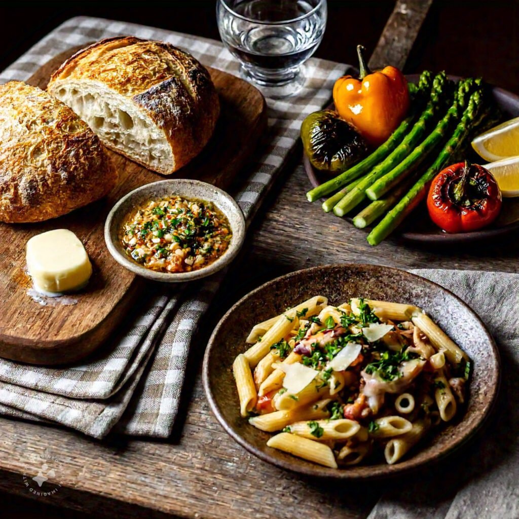 Bread, pasta, and roasted vegetables served with seafood sauce.