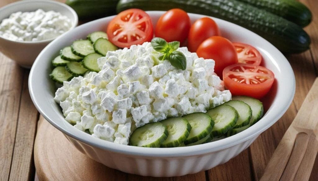 A serving of cottage cheese with fresh vegetables on the side.