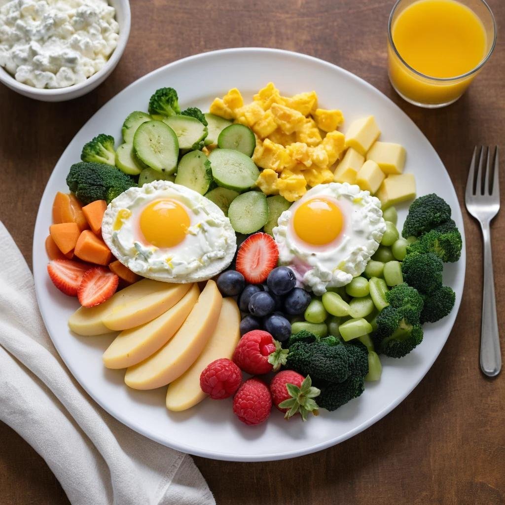 Eggs and cottage cheese with fruits, vegetables, and other healthy foods