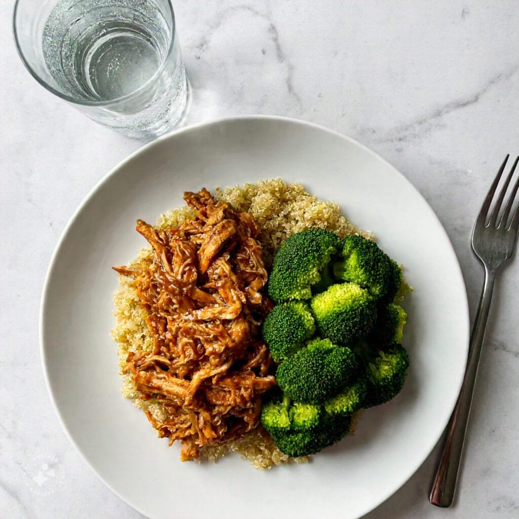 A plate of shredded chicken served with steamed broccoli and quinoa.