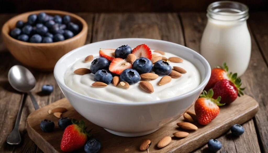 A bowl of Greek yogurt topped with berries and nuts.