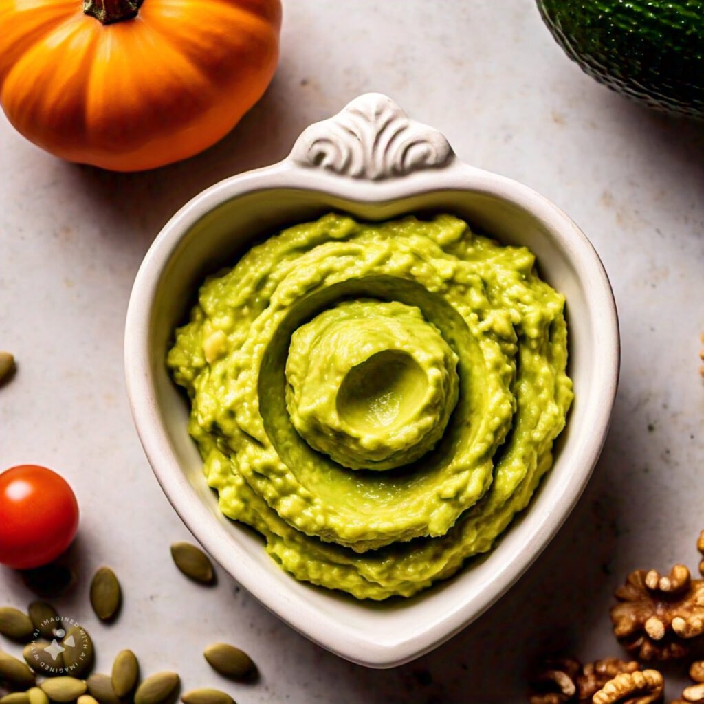 A heart-shaped bowl of avocado spread with healthy topping options