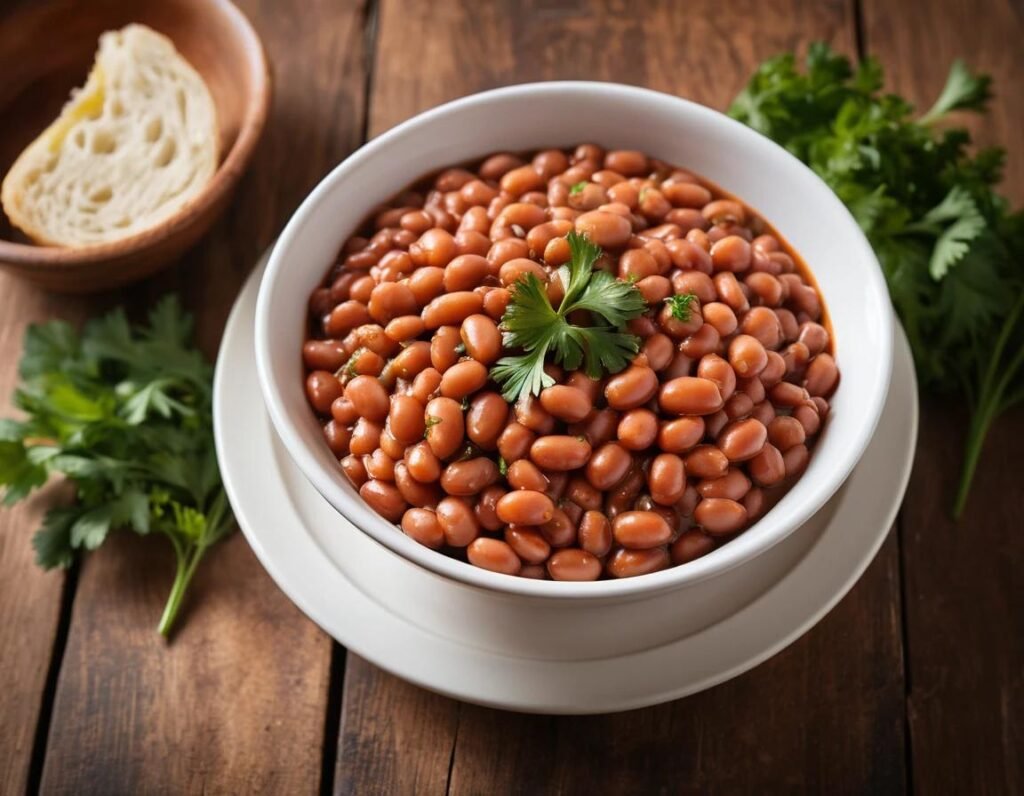 A bowl of baked beans with fresh herbs on a wooden table.