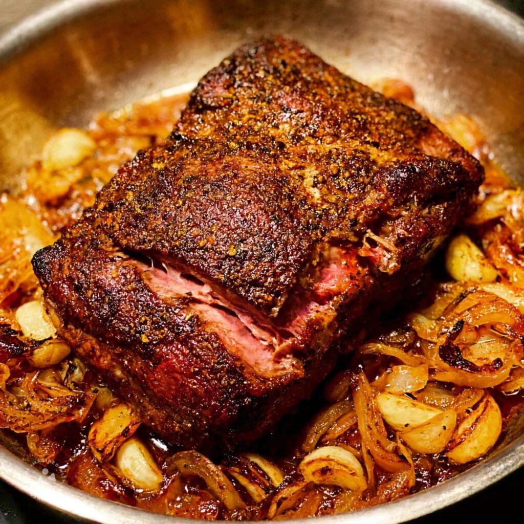 Chuck roast with a caramelized crust in a roasting pan.