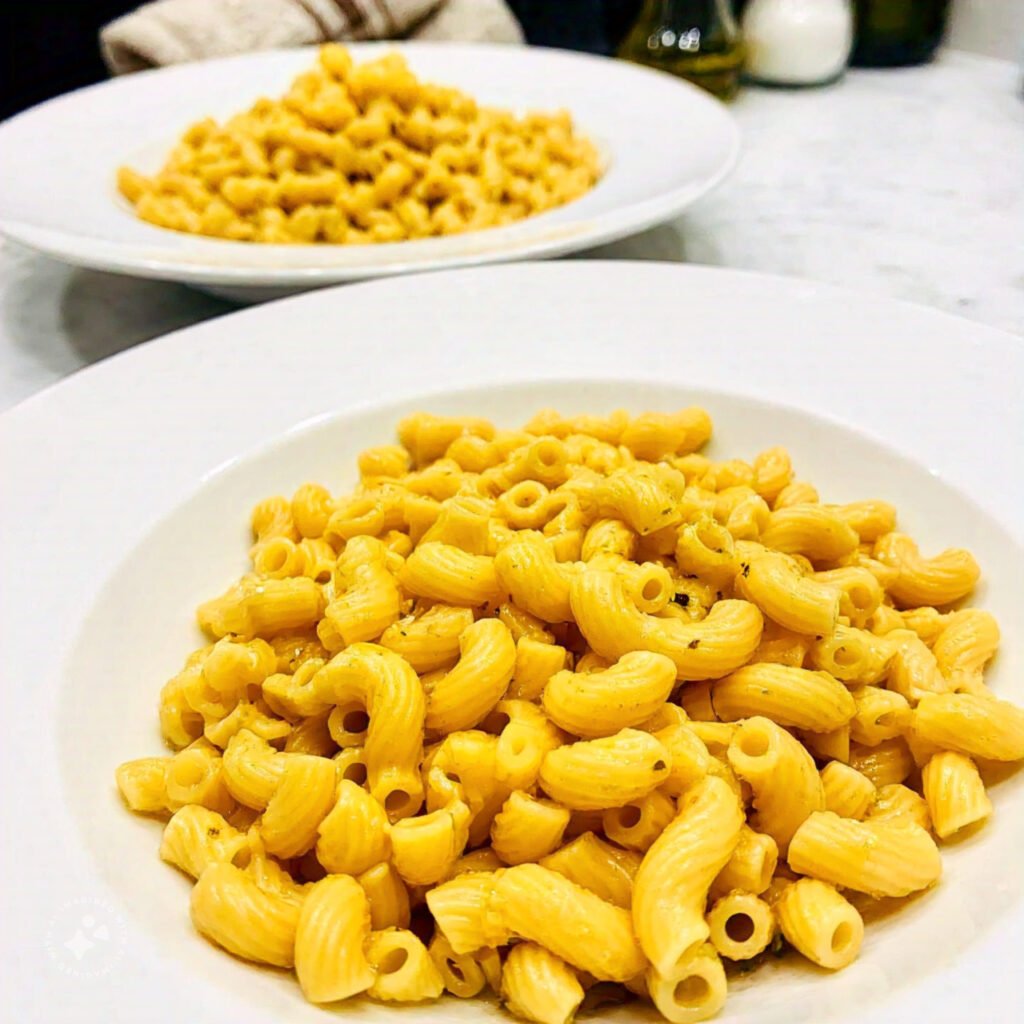 A comparison of overcooked and perfectly cooked ditalini pasta on separate plates.