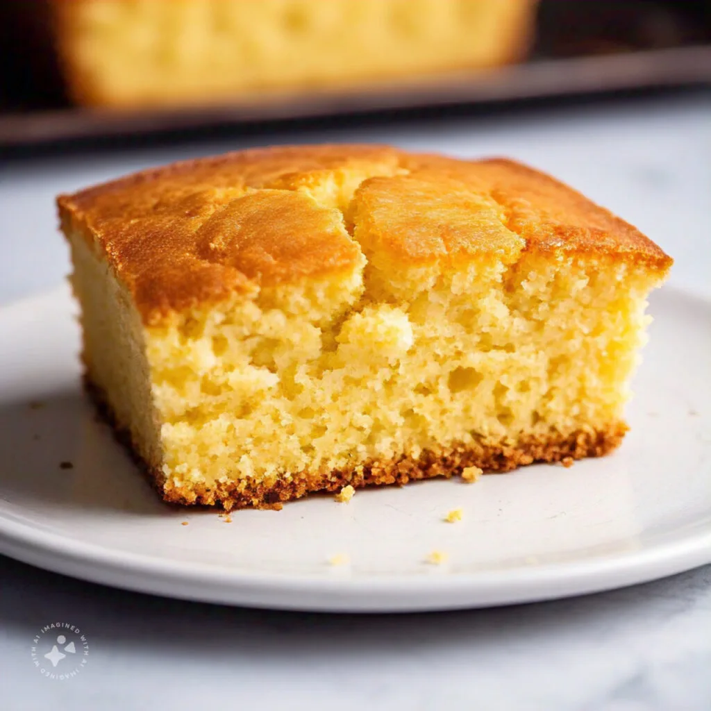 Dense cornbread slice with uneven texture on a plate
