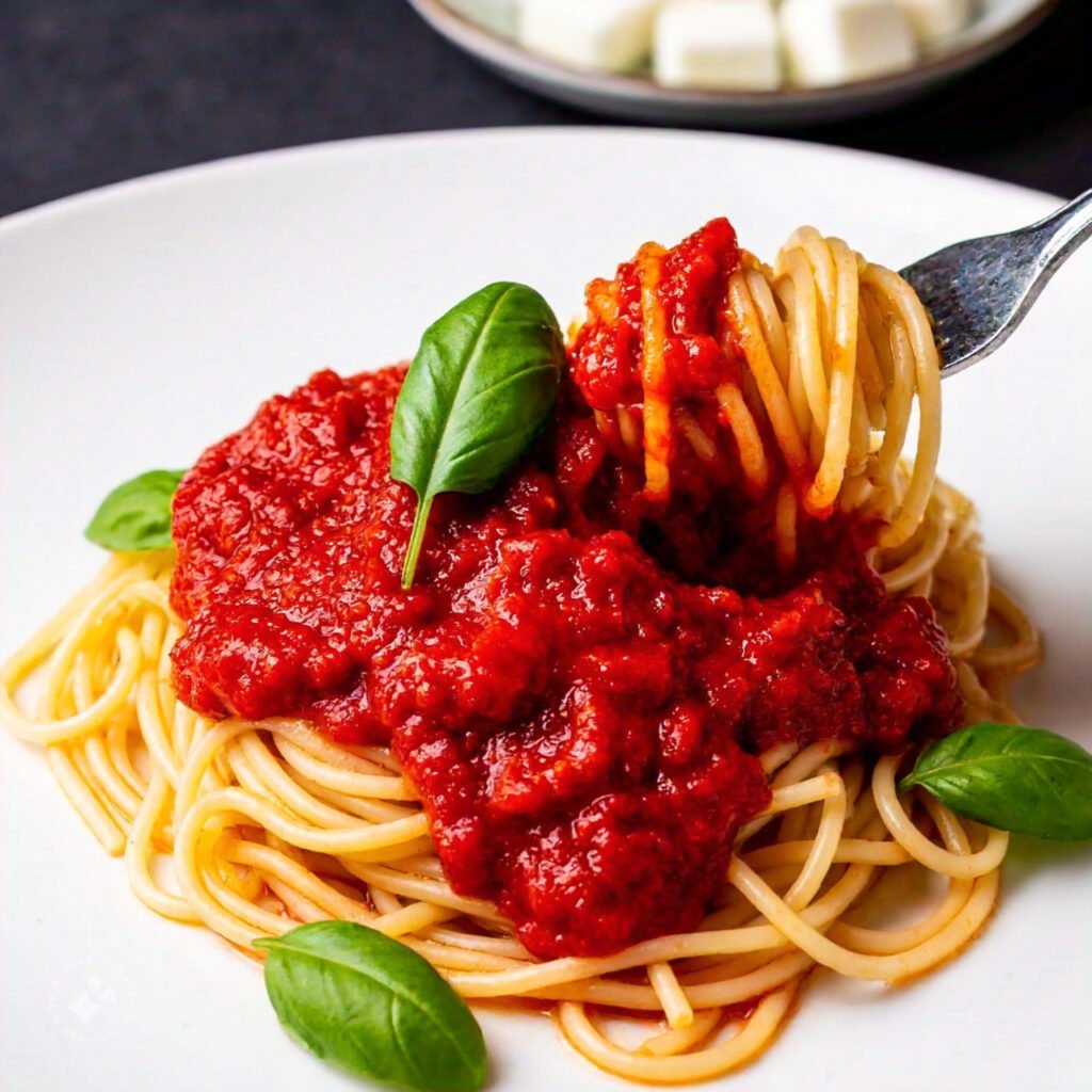 A plate of spaghetti with sauce that looks overly thick and sweet.