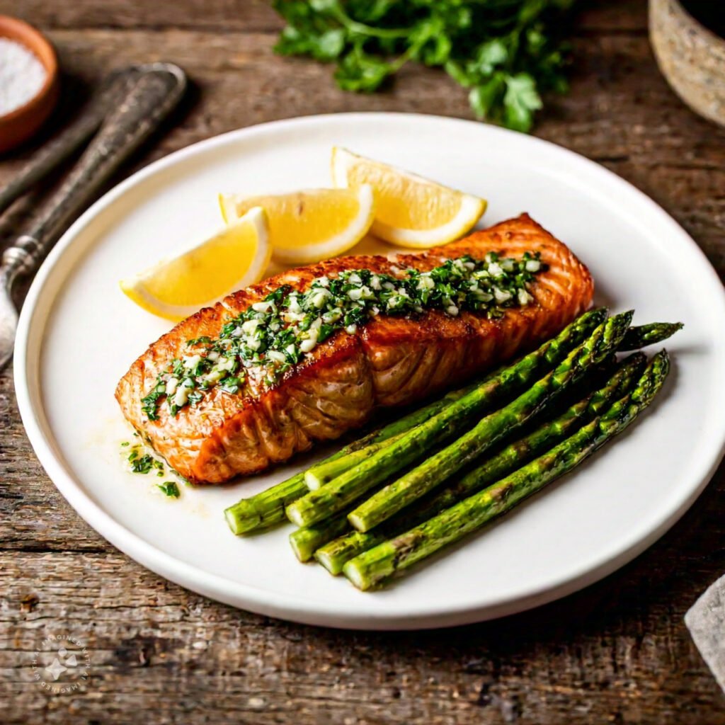 Grilled salmon topped with a light herb sauce, served with roasted asparagus and lemon wedges.