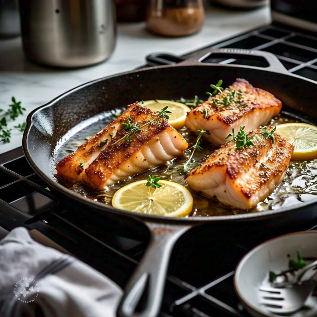 Pan-seared rockfish fillets cooking in a skillet with butter and lemon slices.