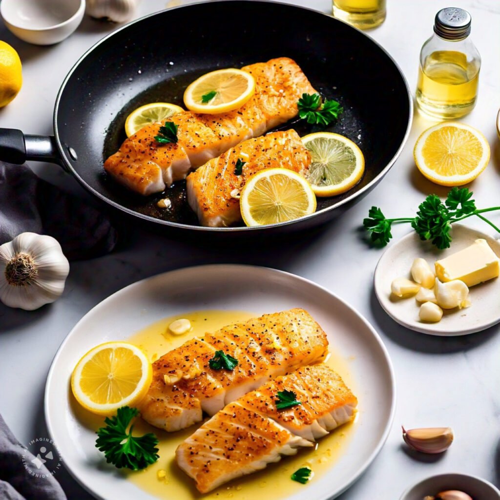 Golden pan-seared rockfish fillets in a non-stick skillet.