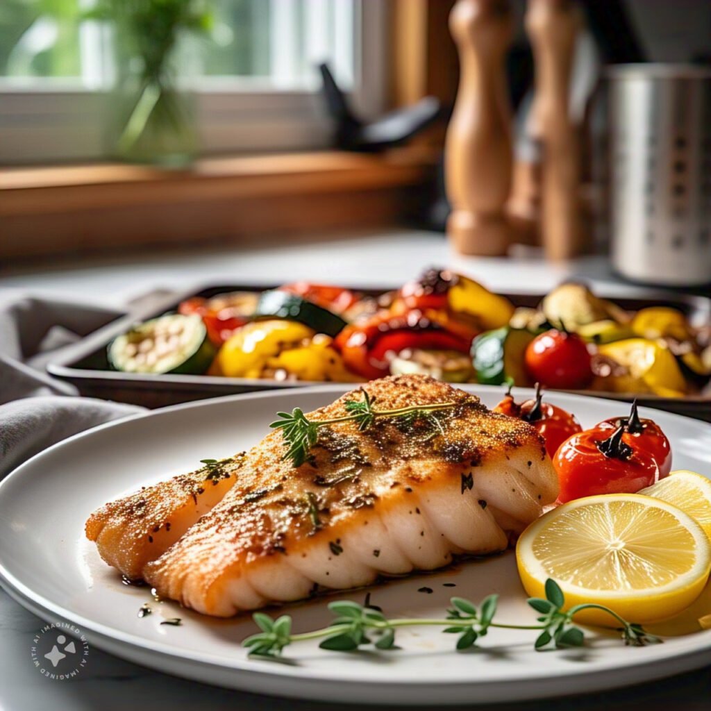 Cooked rockfish fillet garnished with lemon slices and fresh thyme on a white plate.