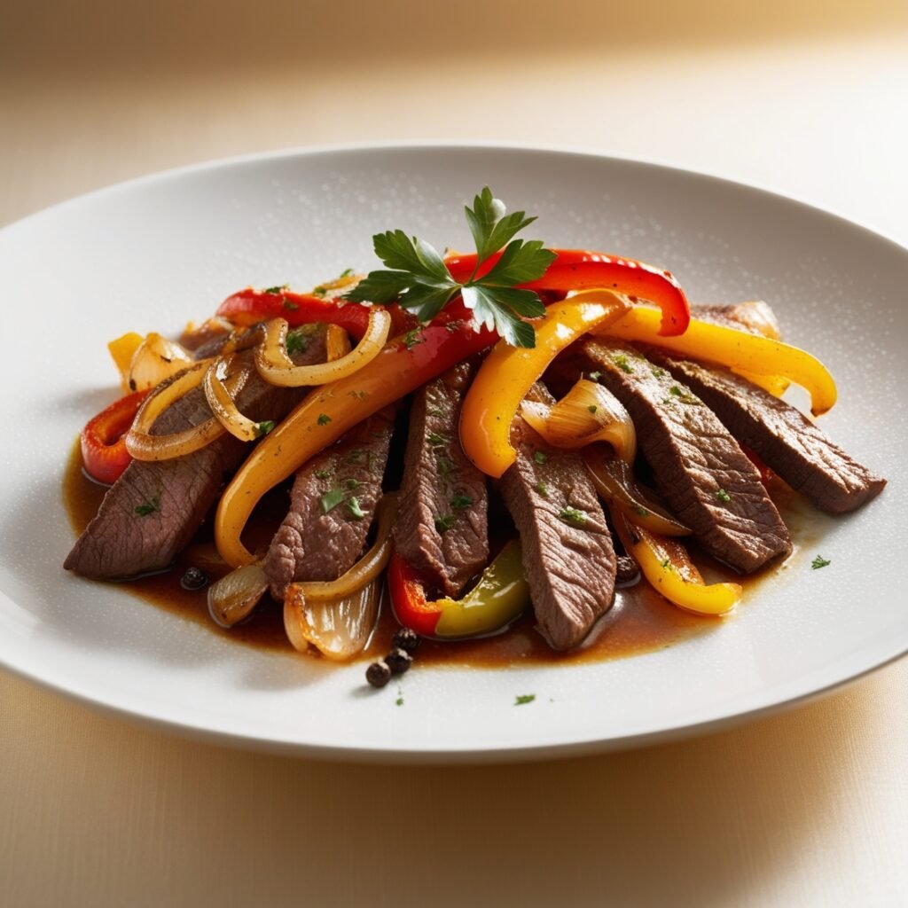 Plate of classic pepper steak with vibrant bell peppers and onions.