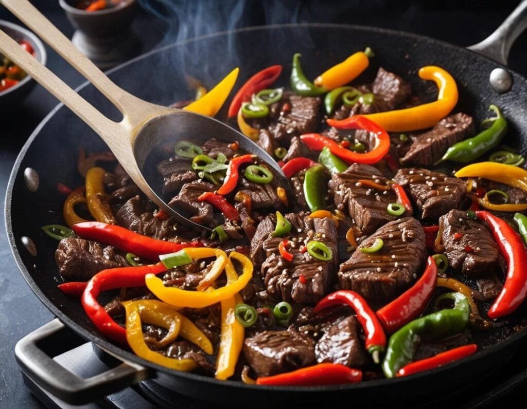 A plate of perfectly cooked pepper steak with vegetables