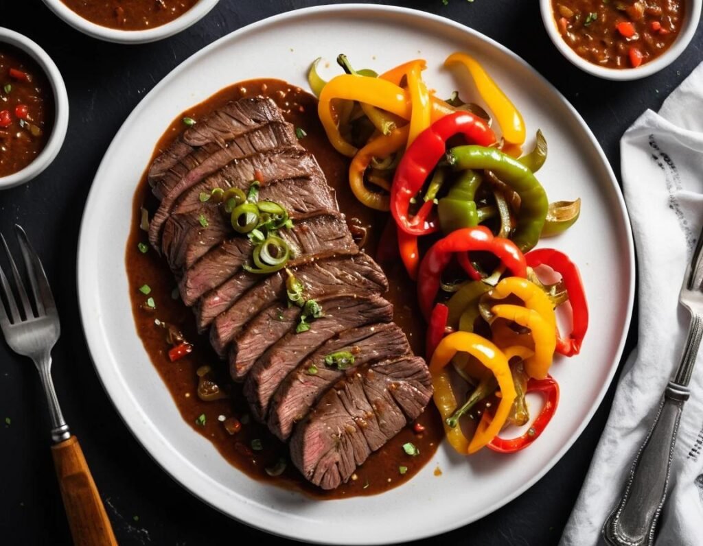 A plate of perfectly cooked pepper steak with vegetables.